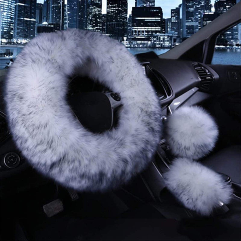 SPANICE 3 Pcs Car Steering Wheel Cover & Handbrake Cover & Gear Shift Cover Set Faux Wool Warm Winter (White&Gray) - Image 1